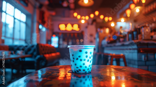 Bubble boba milk tea cup with tapioca pearls on table at cafe, blurred restaurant background. Festive holiday card for summer birthday party. Summer drink concept. Generative ai