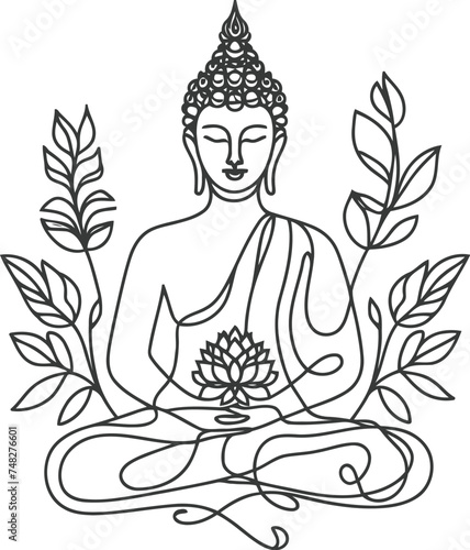 buddha meditation in continuous line drawing minimalist, simplicity contour, 
