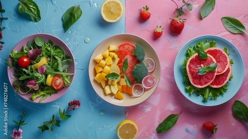 Festive summer season, multiple plates of delicious, fresh food on a pastel table, fresh salads, vegetables, fruits, drinks. Holiday summer party, healthy food concept. Generative ai