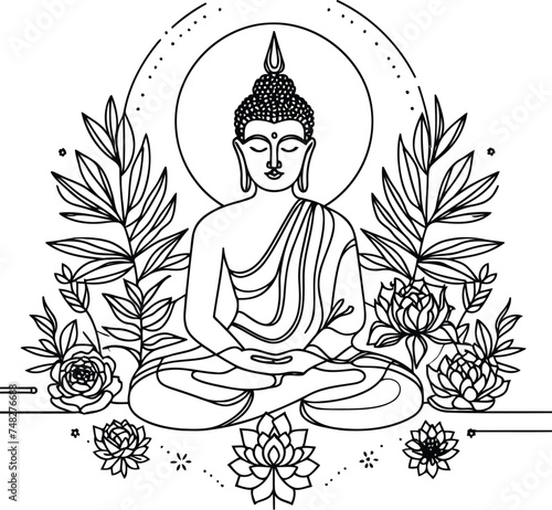 buddha meditation in continuous line drawing minimalist, simplicity contour, 