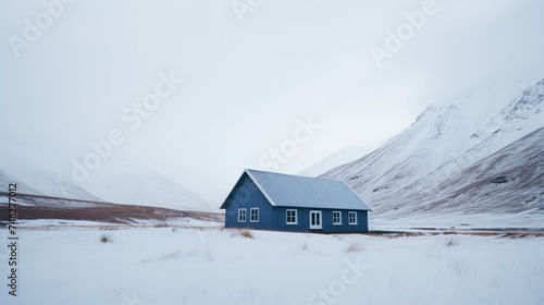 a blue house in a snowy field