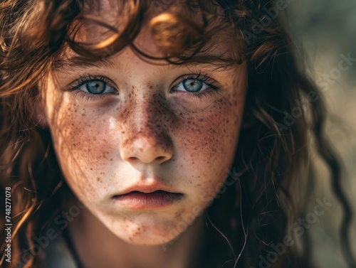 a close up of a girl with freckles