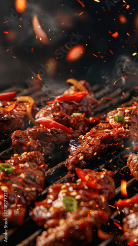 Barbecued skewers with fire sparks and smoke - Thrilling shot of barbecued meat skewers with vibrant fire sparks and billowing smoke