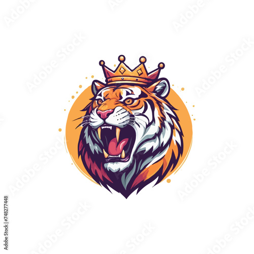 Colorful Tiger with crown roaring vector mascot illustration. Tiger. King tiger logo. Tiger growling, grinning Beautiful, breathtaking tiger
