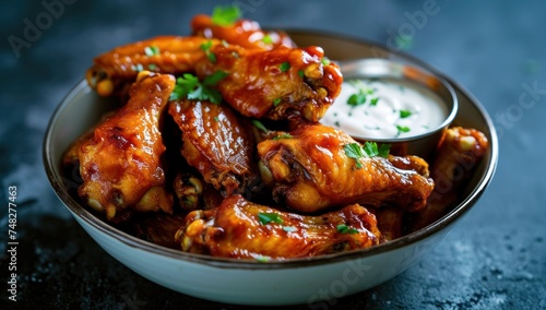 a bowl of chicken wings with sauce