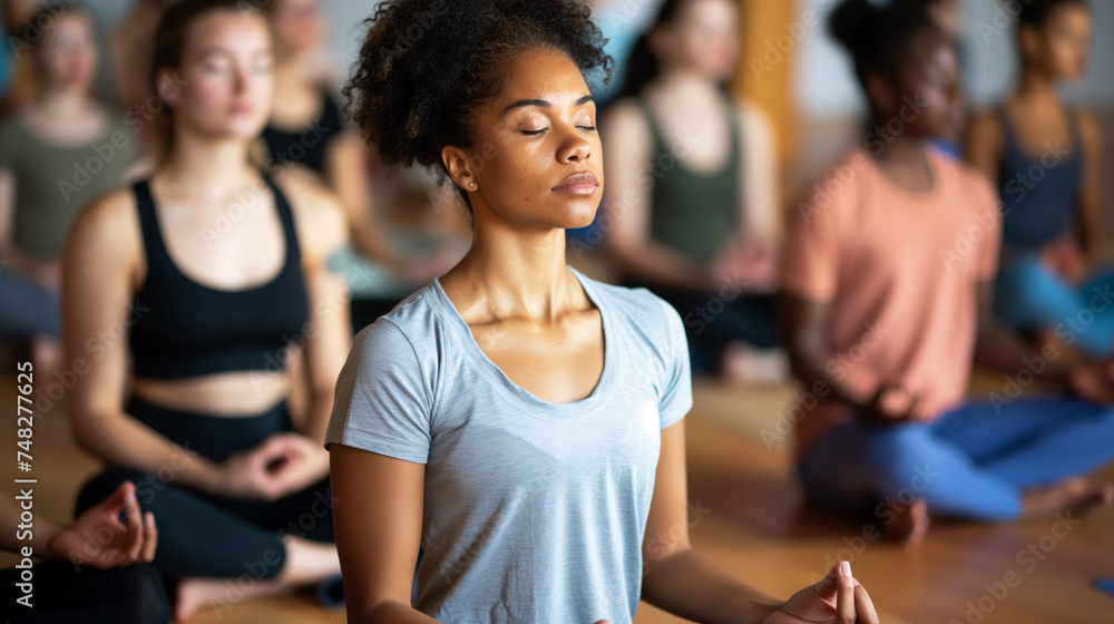 Grupo de jovens praticando yoga em um estúdio. Foco seletivo.