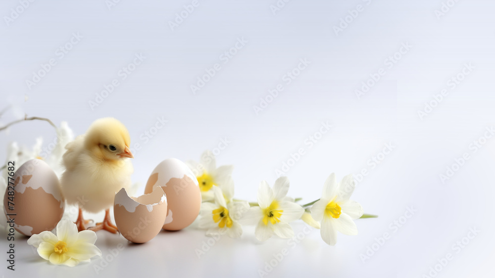 Easter eggs, yellow chick and narcissus flowers and space for text