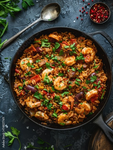 Classic shrimp jambalaya with fresh herbs top view - Overhead shot of scrumptious shrimp jambalaya topped with an array of vibrant herbs and spices