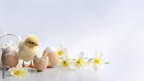 Easter eggs, yellow chick and narcissus flowers and space for text