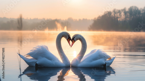 Dois cisnes no lago ao pôr do sol. Conceito de amor romântico.