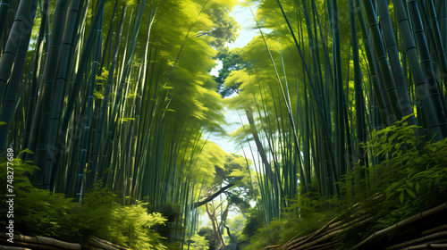 Tranquil bamboo forest  tall bamboo stalks create a dense and peaceful atmosphere