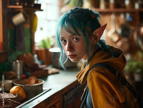 a girl with blue hair and ears in a kitchen
