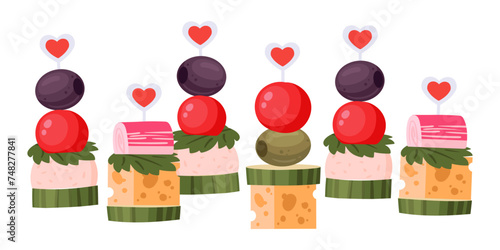 Canape sandwiches. Cartoon delicious open faced sandwich with cheese, vegetable and meat flat vector illustration set. Pleasing small sized canape sandwiches