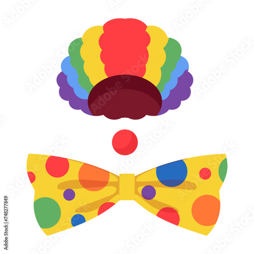 Clown costume elements. Funnyman Birthday party photo booth props, clown wig, nose and bow tie flat vector illustration set. Carnival party clown costume photo