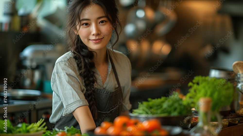 Portrait of beautiful smiling Asian woman cooking in home kitchen