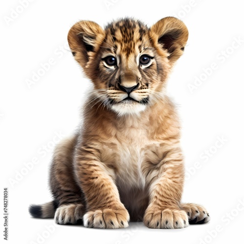 Close up of a sitting cute lion cub isolated on a white background