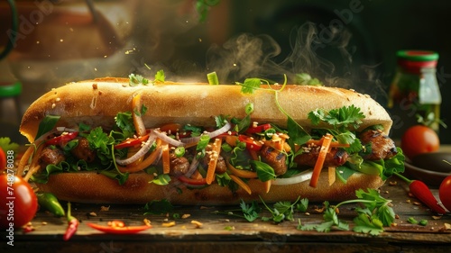 A mouthwatering banh mi sandwich filled with savory meats, fresh vegetables, and herbs on a wooden surface, exuding the essence of Vietnamese street food culture