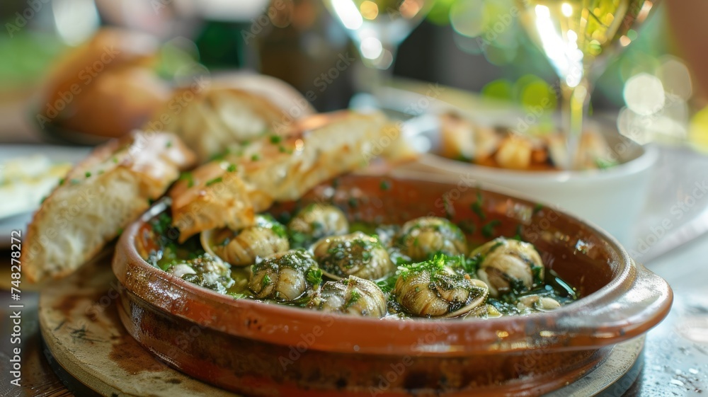 Escargot dish served with garlic and parsley - A close-up of escargot in a traditional ceramic dish, garnished with parsley and accompanied by fresh garlic bread