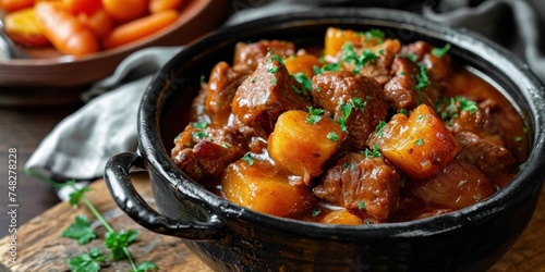 a pot of meat and potatoes photo