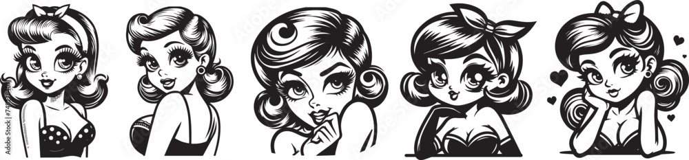 flirty pin-up girl portraits, beautiful ladies with big eyes in black vector