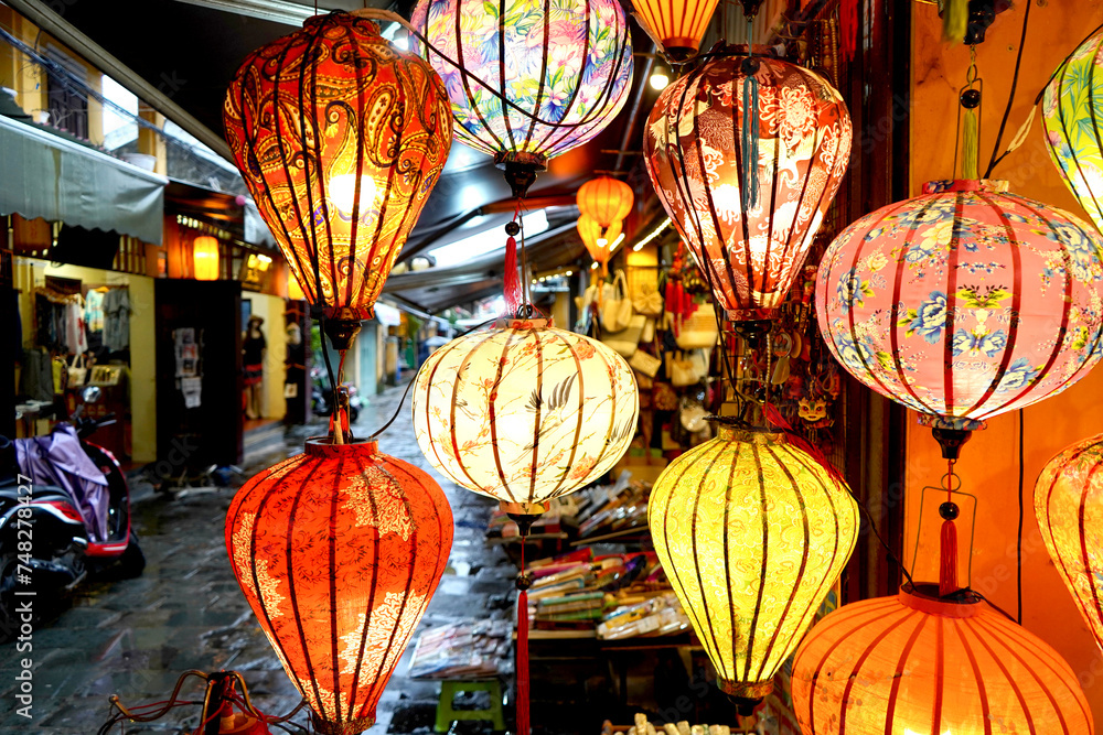 Brightly coloured lanterns filled with light - obrazy, fototapety, plakaty 