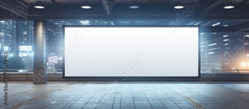 An empty room with a large screen in the center, displaying a billboard mock-up. The room is spacious and lacks any furniture or decoration, putting the focus on the prominent screen. photo