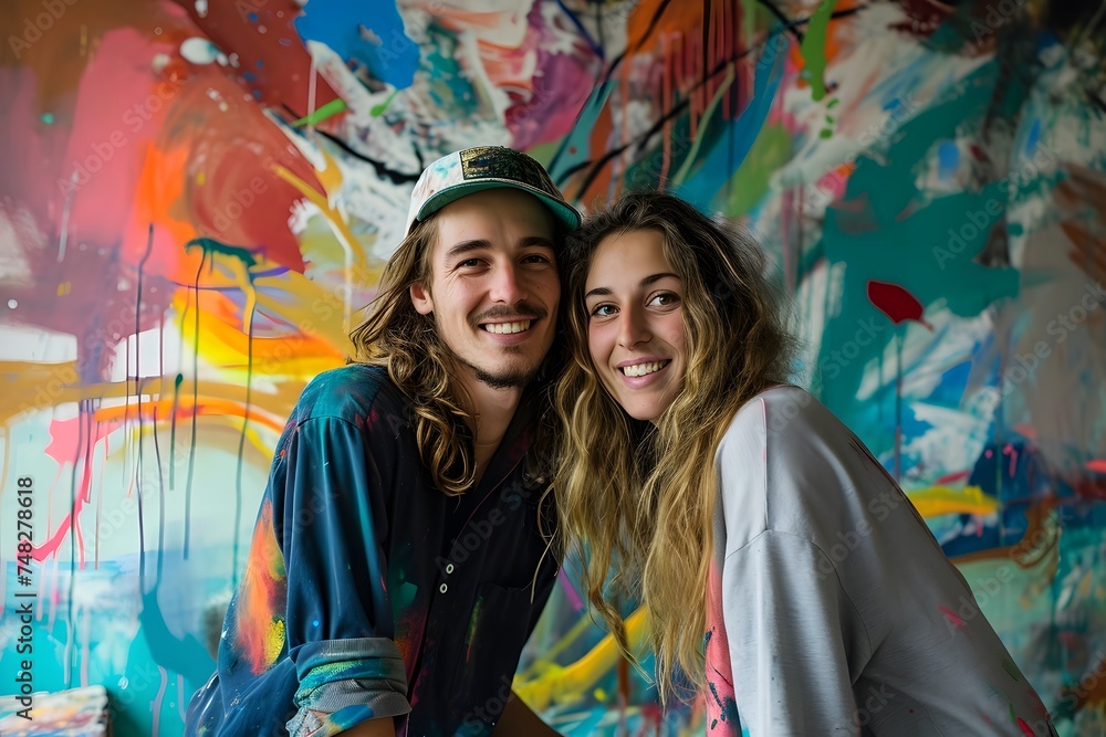 artist painter couple posing in front of colorful painting 
