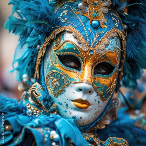 a person wearing a blue and gold mask