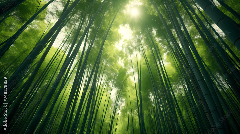 Tranquil bamboo forest, tall bamboo stalks create a dense and peaceful atmosphere Tranquil bamboo forest, tall bamboo stalks create a dense and peaceful atmosphere