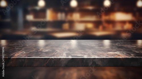 Modern empty dark marble table top or kitchen island on blurry bokeh kitchen room interior background. photo