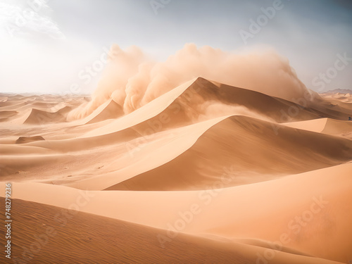 Yellow sand dunes ripple across a vast desert landscape under a hot summer sky