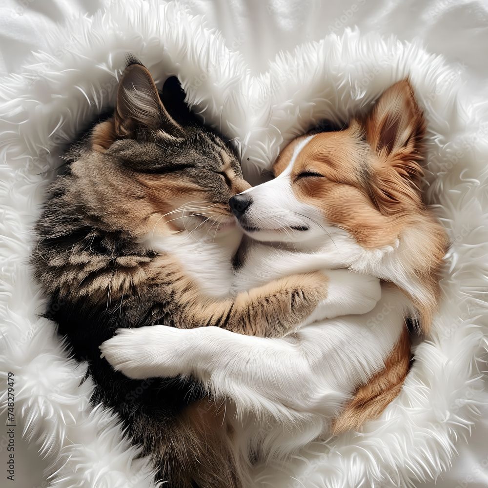 Cat and Dog Embracing in a Heartwarming Cuddle on a Soft White Blanket. AI. Cat and Dog Embracing in a Heartwarming Cuddle on a Soft White Blanket. AI.