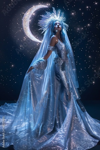 silver crescent moon and stars fashion model woman gown and crown 