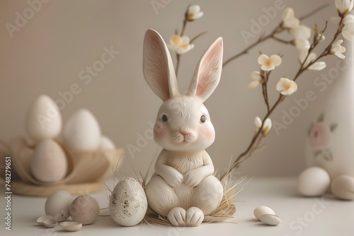 Figurine of a rabbit and Easter eggs on the table. Easter concept