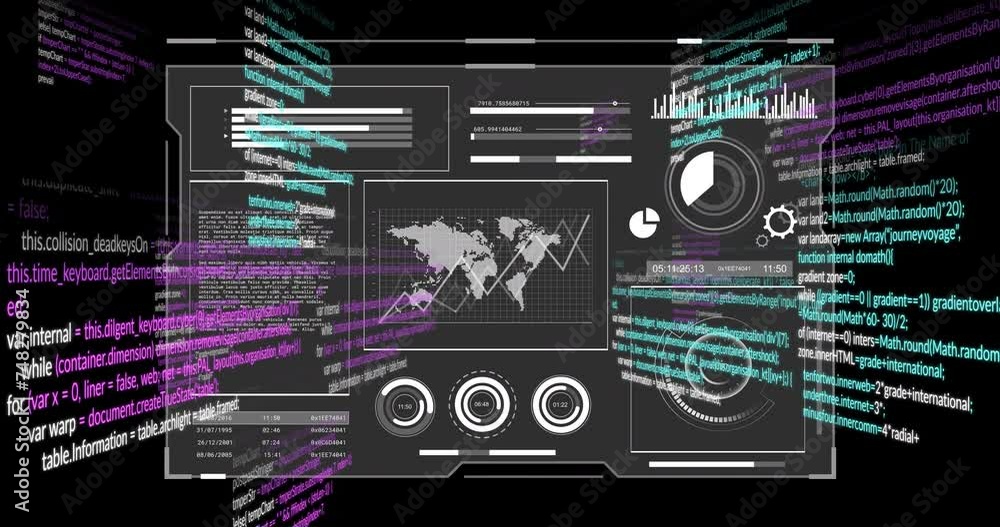Animation of data processing and world map over dark background Animation of data processing and world map over dark background