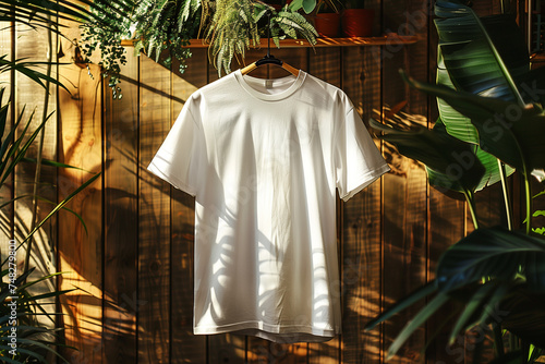A hanging fashion white t-shirt positioned for mockup