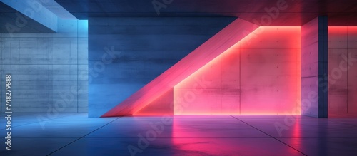 The abstract architectural interior of a minimalist house is illuminated by red and blue neon lights, creating a striking color gradient. photo