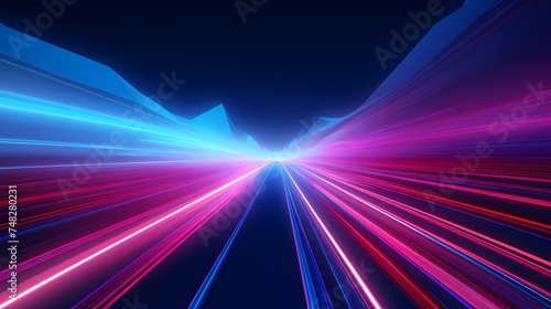 Blue pink and purple neon glow laser beam light lines moving fast,digital, high speed internet, cyberpunk, techonogy backdrop. futuristic abstract background.