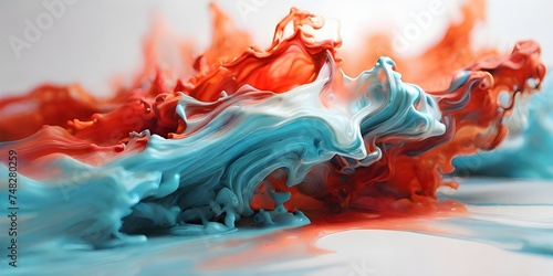 An abstract blur of vermilion and cyan colors with a grainy texture on a white background