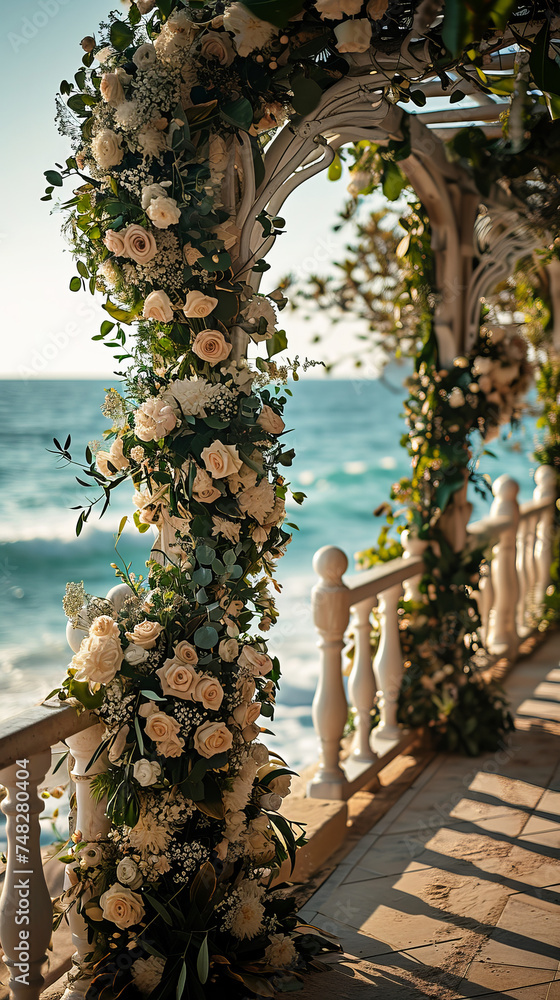 Fototapeta premium Decorations for outdoor wedding ceremony in picturesque location.