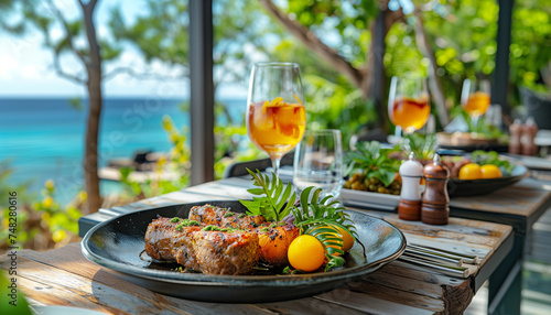Appetite: Big meat steaks, perfectly roasted with rosemary herbs and pepper on black plate served in beach tropic club restaurant. A healthy meat dish, rich in protein capture