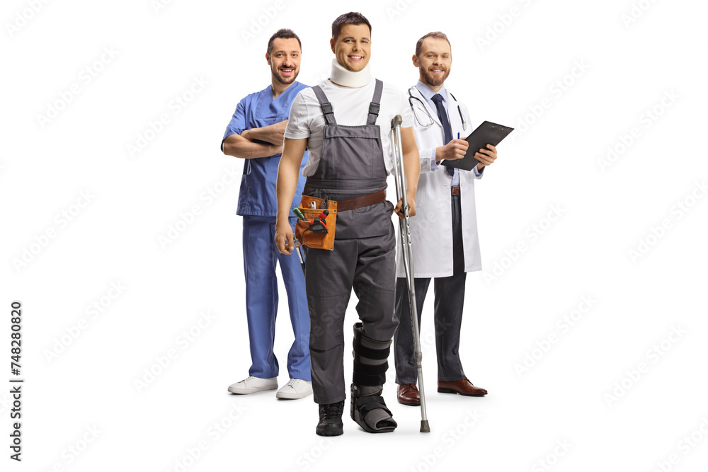 Worker with a neck injury leaning on a crutch with doctors behind