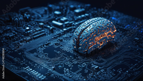 Ai technology concept with robotic human brain on a computerchip, mainboard, circuit, Generative AI photo