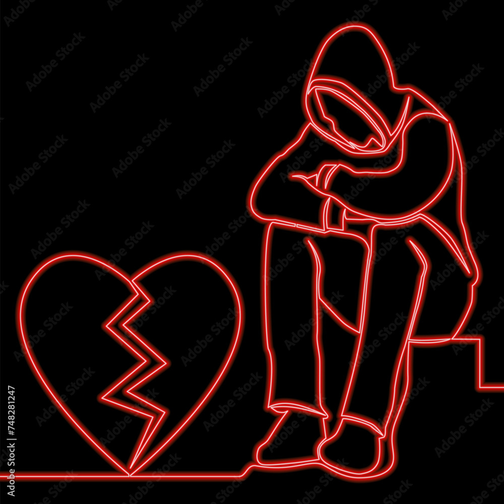 Man with broken hearth icon neon glow illustration concept Man with broken hearth icon neon glow illustration concept