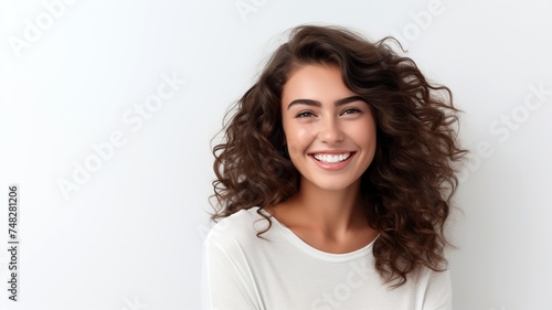 A young beautiful woman with long curly brown hair smiles happily at the camera. She is wearing a white t-shirt and has a natural makeup on. The background is a soft white color.