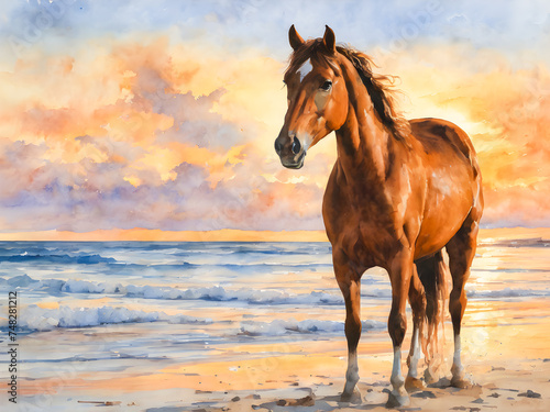 Watercolor painting of a horse on the beach at sunset. Hand drawn illustration.