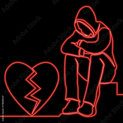 Man with broken hearth icon neon glow illustration concept