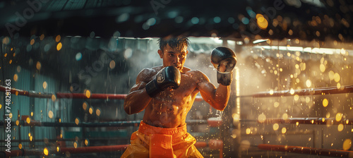 Boxing Sweaty Warrior on the boxing ring during rainy evening. Young fit muscular man in Gloves and shorts morning practice training. Active sporty people hard work concept.