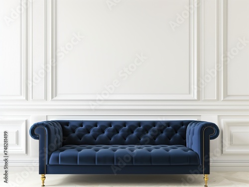 Modern Luxury  Blue Suede Sofa Against Contemporary Wall  Empty Space for Art Mockup