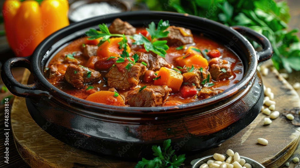 Hearty homemade beef stew in black pot - Delicious homemade beef stew with carrots, potatoes, and garnished with fresh parsley in a black ceramic pot Hearty homemade beef stew in black pot - Delicious homemade beef stew with carrots, potatoes, and garnished with fresh parsley in a black ceramic pot